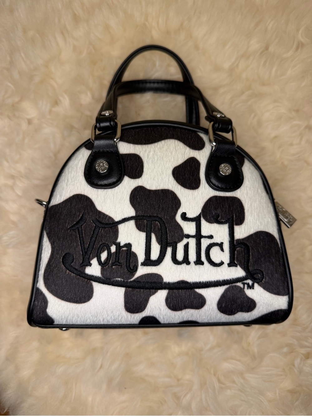 NWOT Von Dutch Black and White Faux Cow Hide Purse